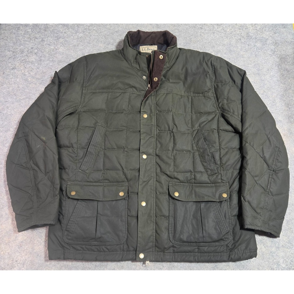 LL Bean Upcountry Waxed Down Jacket Mens XXL Reg Corduroy Trim Loden Green Coat